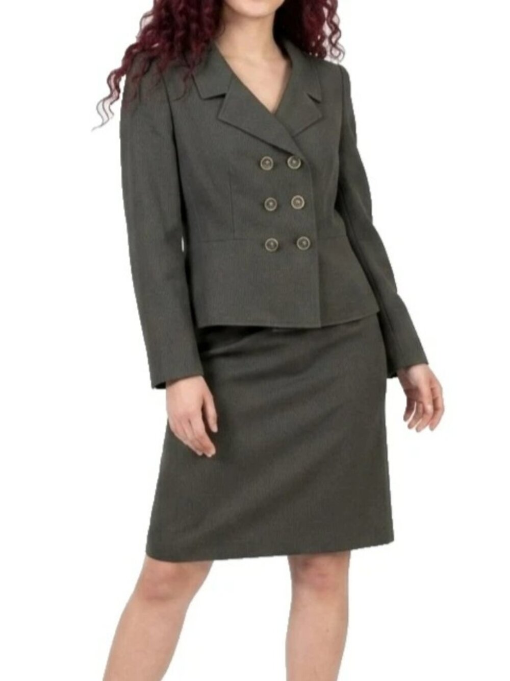 Le Suit Skirt Suit Set Size 10 Black Green Double Breasted Peplum Blazer Lined